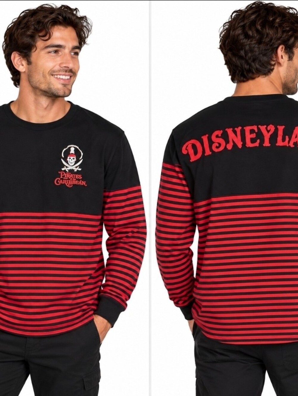 Disney Black and Red Striped Pirates of the Caribbean Long-Sleeve Shirt M